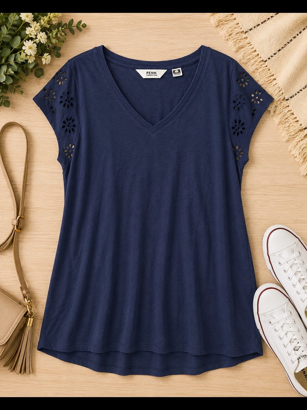 Penningtons Eyelet Sleeve V Neck Tee 2X Navy